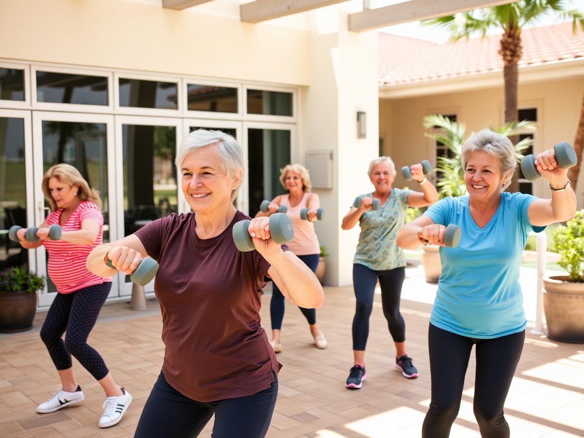 Active adults exercising with light dumbbells on the terrace of a 55+ community clubhouse