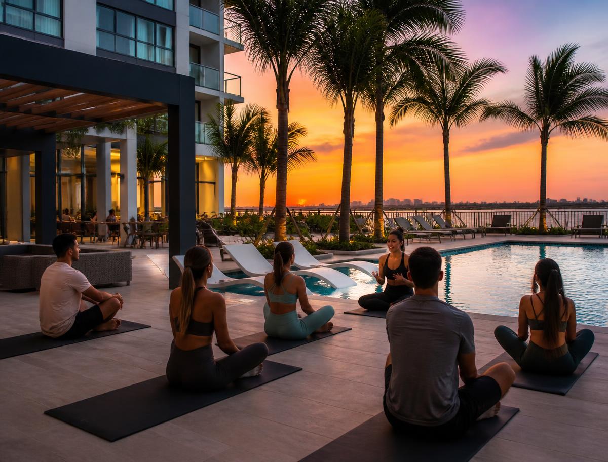 Small group class on the pool deck of a luxury Florida apartment community at sunset