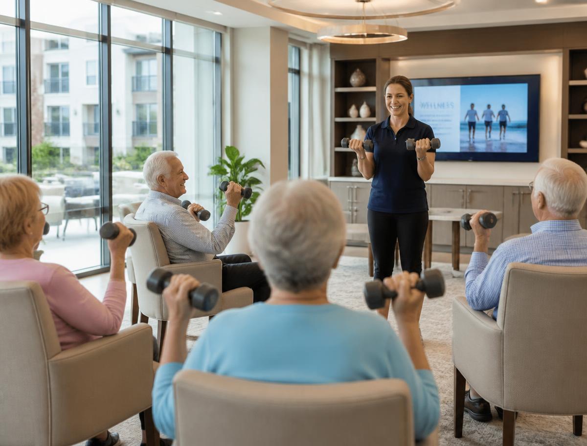 Older adults taking part in a seated chair fitness class led by an instructor in a bright senior living lounge